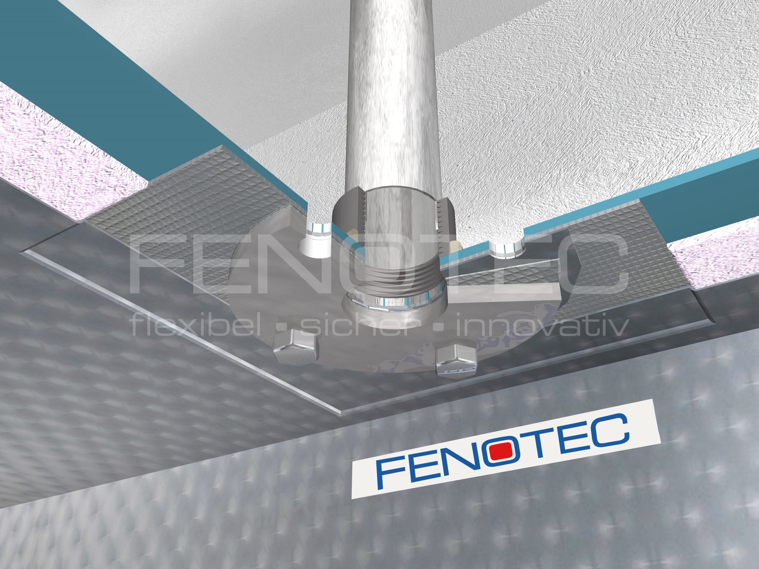3D-Rendering eines durch die Decke geflanschten Rohranschlusses mit Abdichtung und Schraubflansch im Schichtaufbau – „Flanschen durch die Decke“-System von FENOTEC.