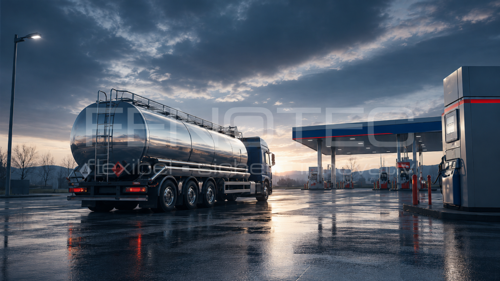 silberner Tanklastwagen vor einer Tankstelle